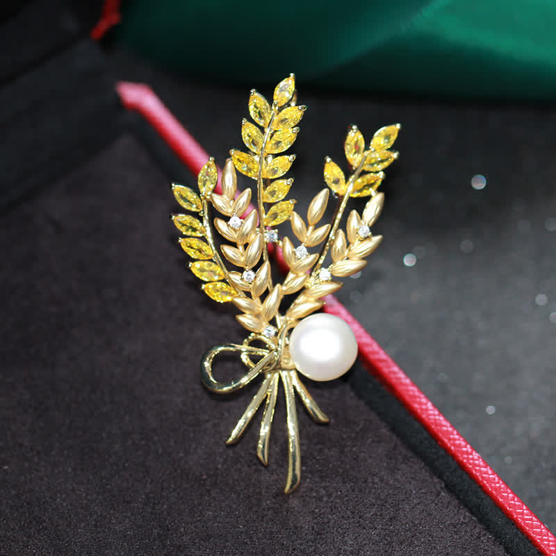 Women's Dazzling Pearl Zirconia Wheat Brooch