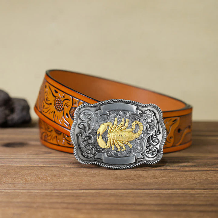 Men's DIY Gold Carving Animal Buckle Leather Belt