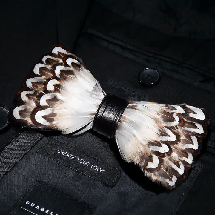 White & Brown Wilderness Feather Bow Tie with Lapel Pin