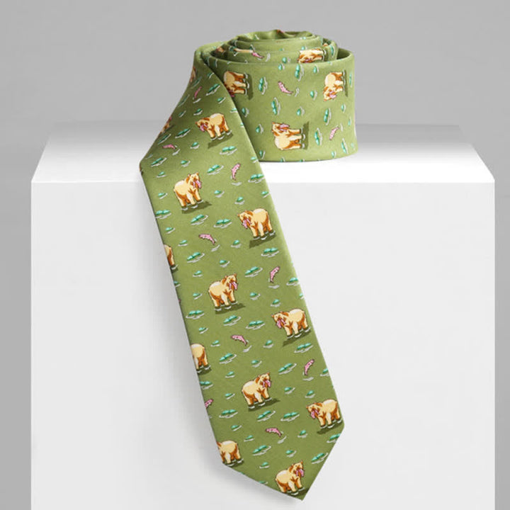 Men's Green Bear Catching Fishes Necktie