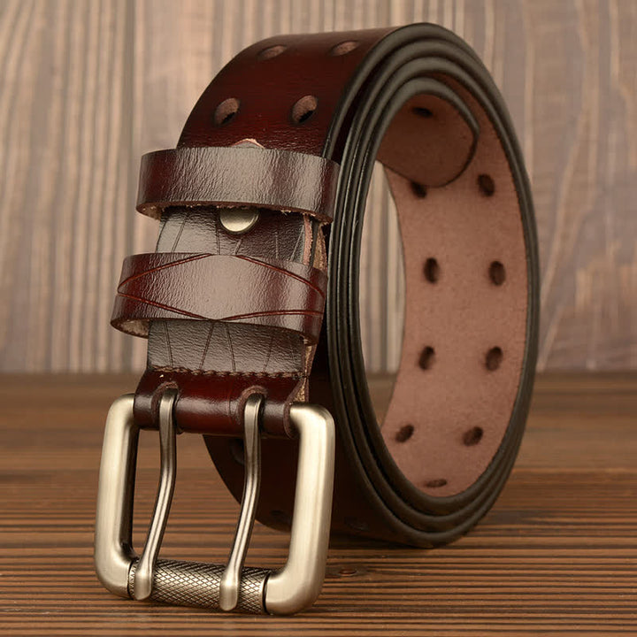 Men's Classic Double Row Hole Leather Belt