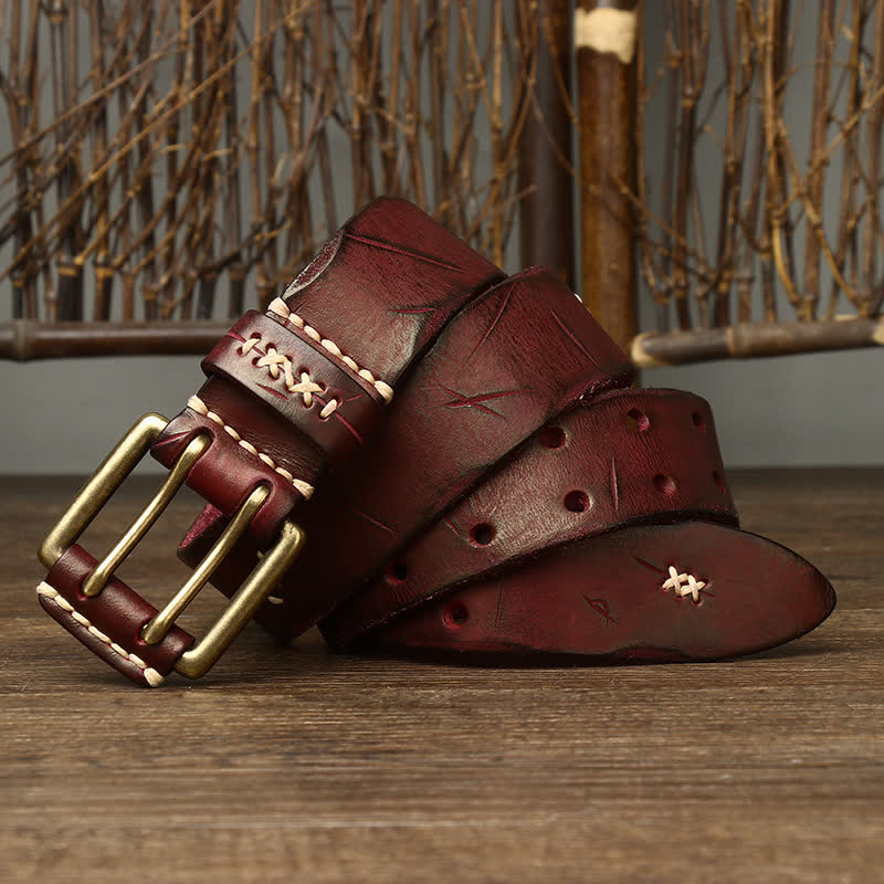 Men's Distressed Double Needle Buckle Leather Belt - image 10