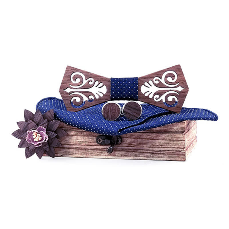 4Pcs Men's Hollow Flower Pattern Wooden Bow Tie Set