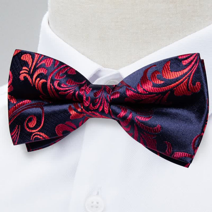 2Pcs Men's Red & Navy Floral Bow Tie Pocket Square Set