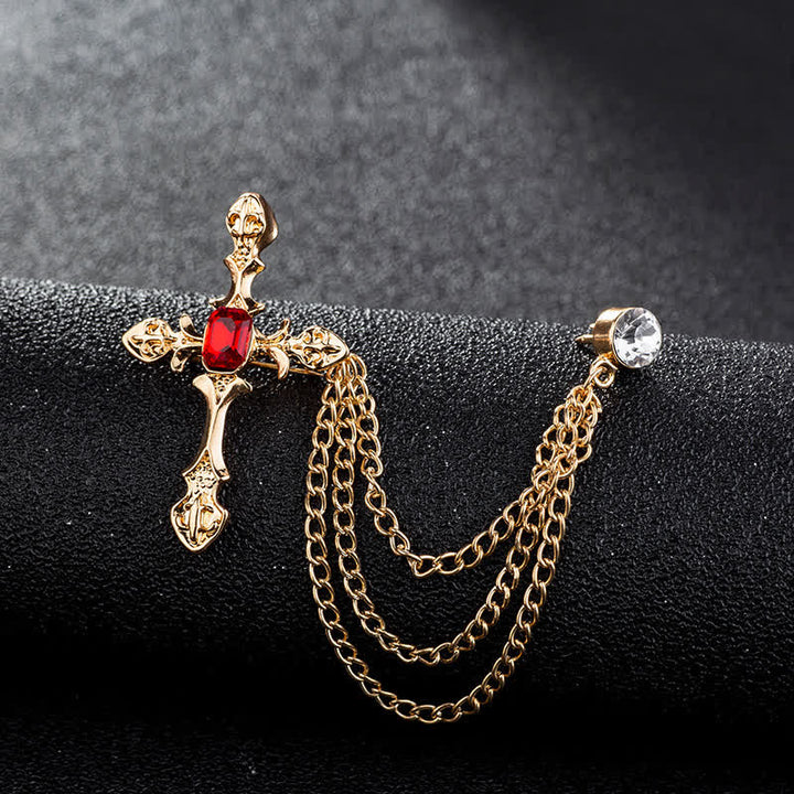Men's Classic Cross Crystal Chain Brooch - Gold & Red - image 7