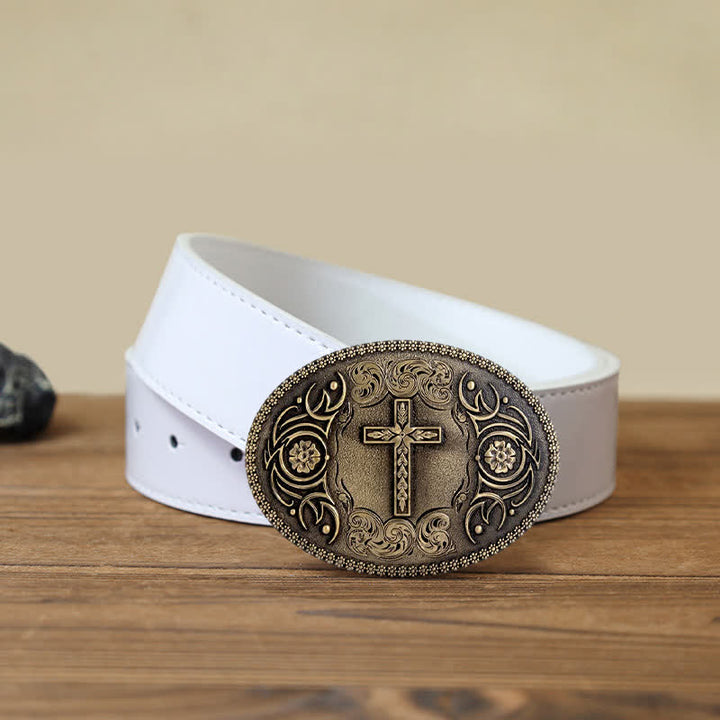 Men's DIY Faith Cross Floral Buckle Leather Belt