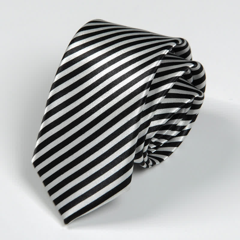Men's Black & White Little Checks Dots Striped Necktie - Thin Stripe - image 9