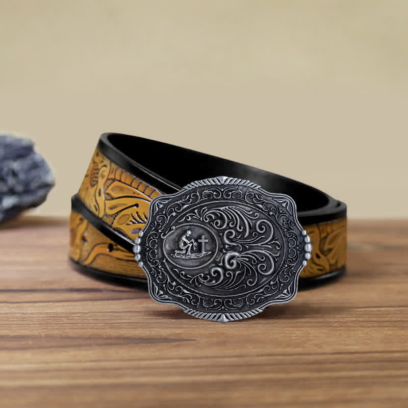 Men's DIY Engraved Floral Earnest Prayer Buckle Leather Belt