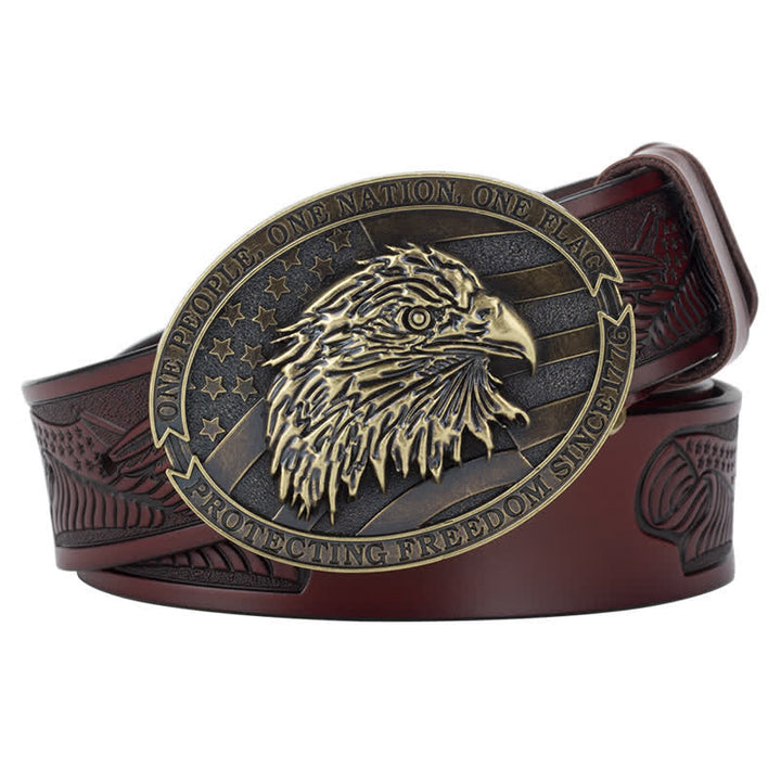 Men's Bald Eagle Head American Flag Buckle Leather Belt