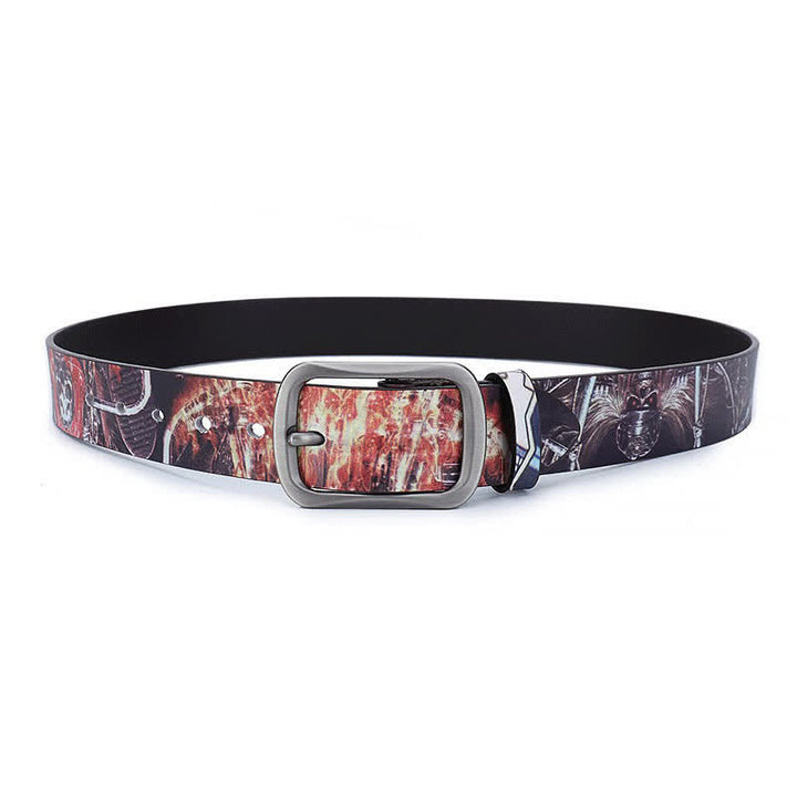 Orange & Black Skull Graffiti Pattern Genuine Leather Belt