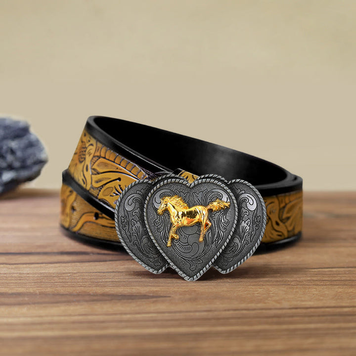 Men's DIY Horse Triple Heart Shaped Buckle Leather Belt