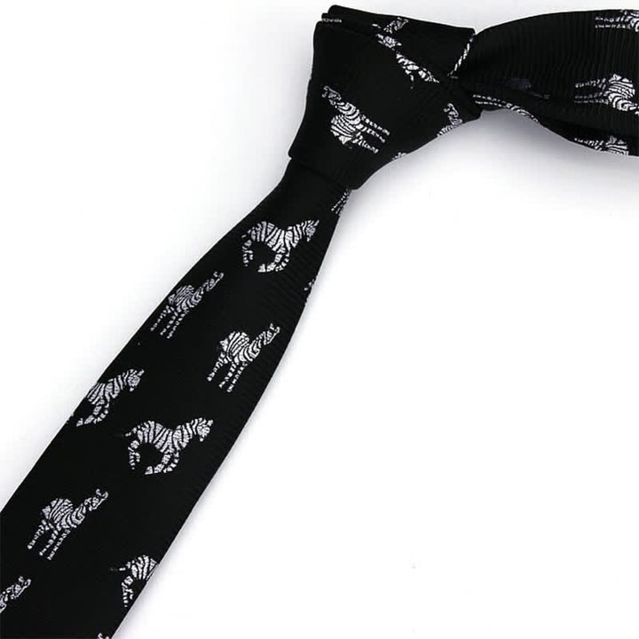 Men's Black Skinny Twill Zebra Motifs Necktie