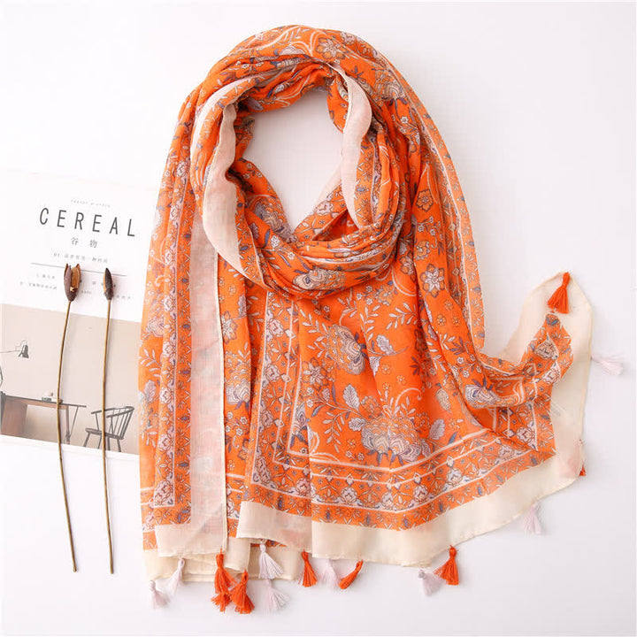 Women's Bohemian Print Floral Tassel Scarf