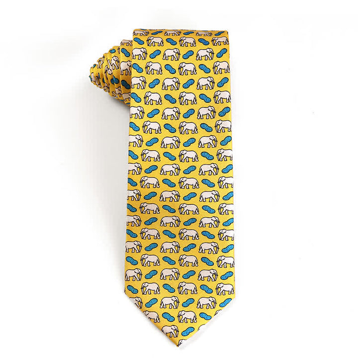 Men's Dancing Animal Motifs Pure Silk Necktie - Elephant - Yellow - image 14