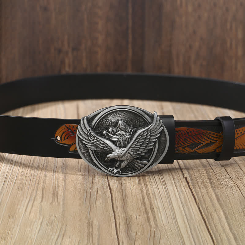 Men's Novelty Flying Eagle Buckle Carved Pattern Leather Belt - image 2