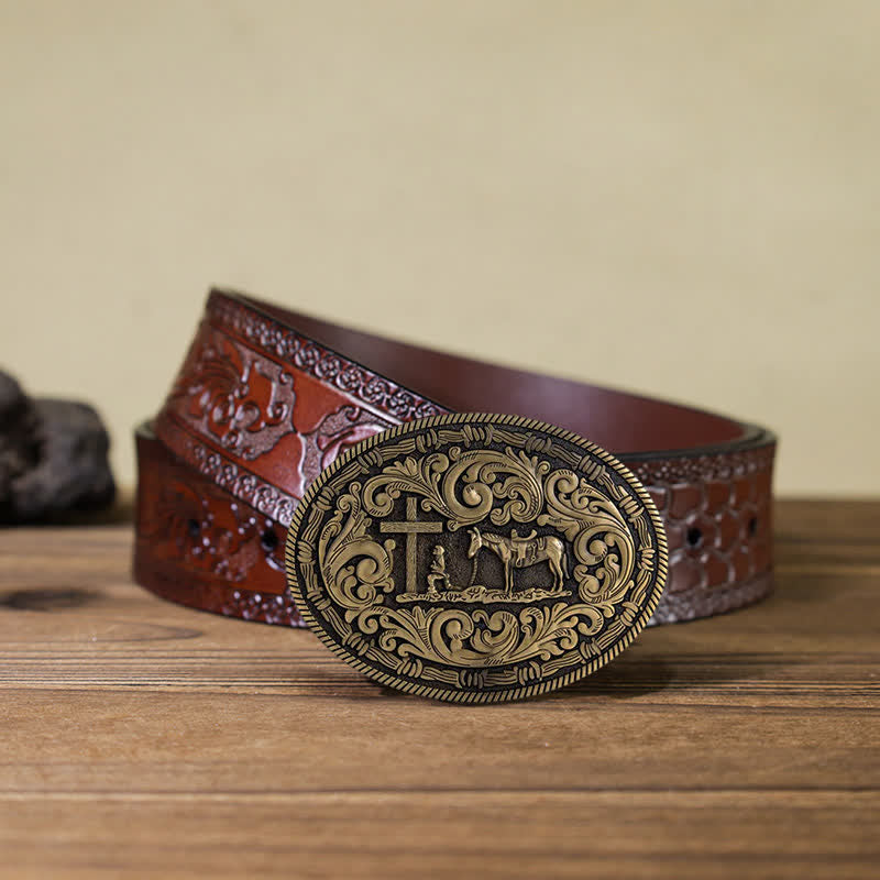 Men's DIY Praying Cowboy Oval Buckle Leather Belt