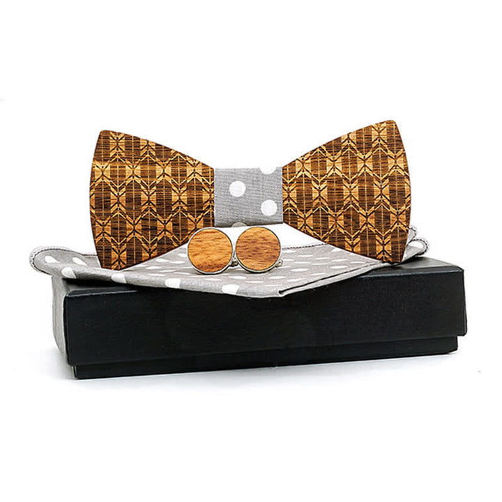 3Pcs Men's Carving Crown Wooden Bow Tie Set