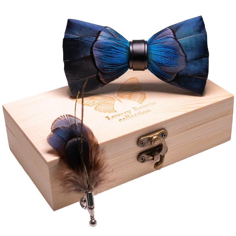 Cascading Navy Feather Bow Tie with Lapel Pin