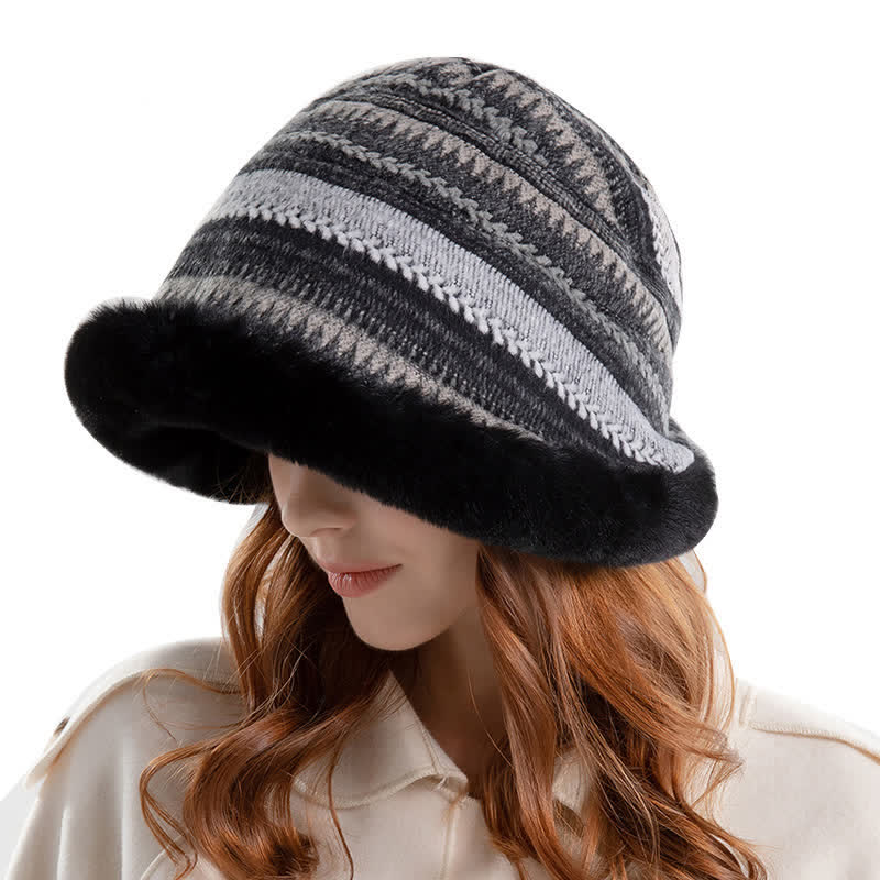 Women's Striped Warm Plush Brim Bucket Hat