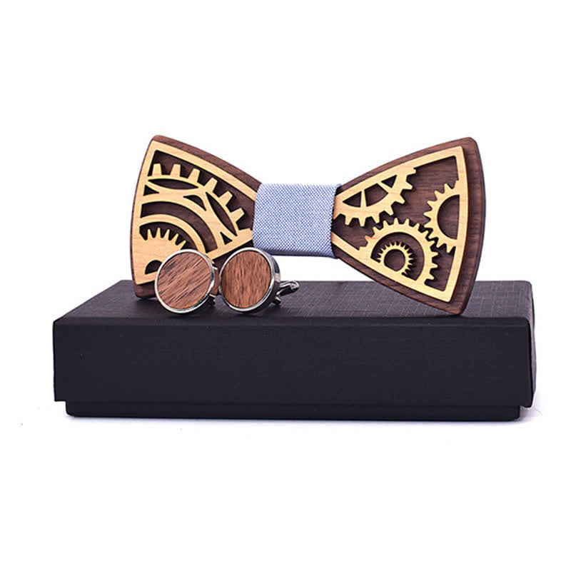 2Pcs Men's Gears Wooden Bow Tie Cufflinks Set