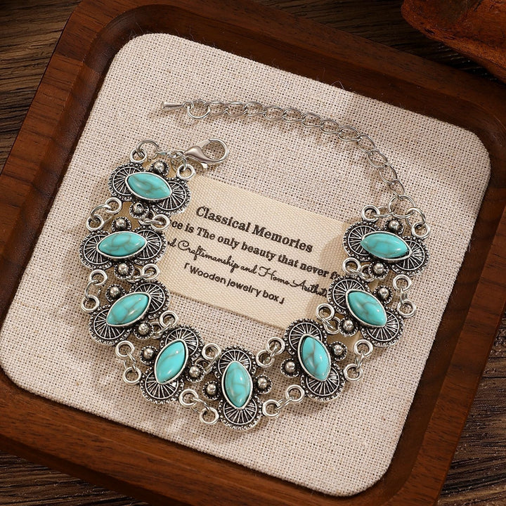 Vintage Boho Marquise Turquoise Antique Silver Carved Link Bracelet - Light Green - image 7
