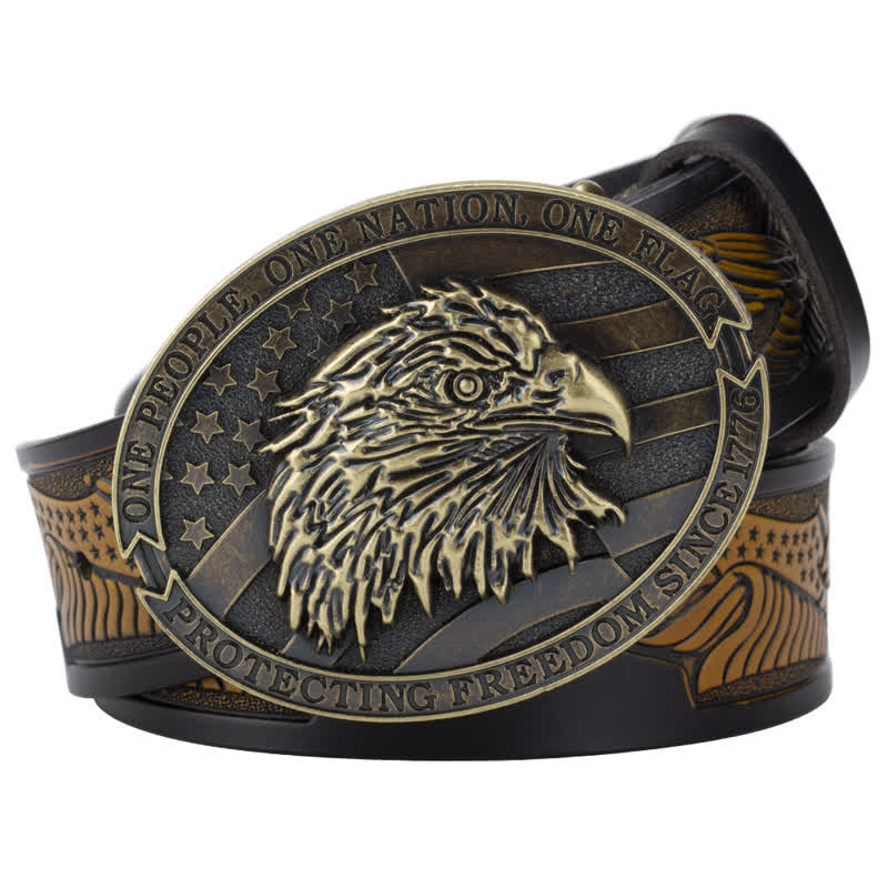 Men's Bald Eagle Head American Flag Buckle Leather Belt