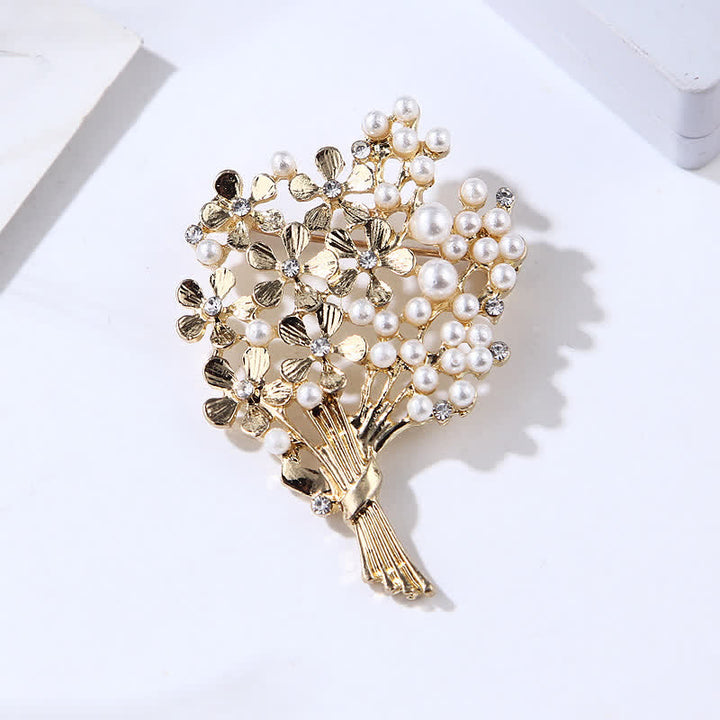 Women's Pearl Bouquet Of Gold Flowers Brooch