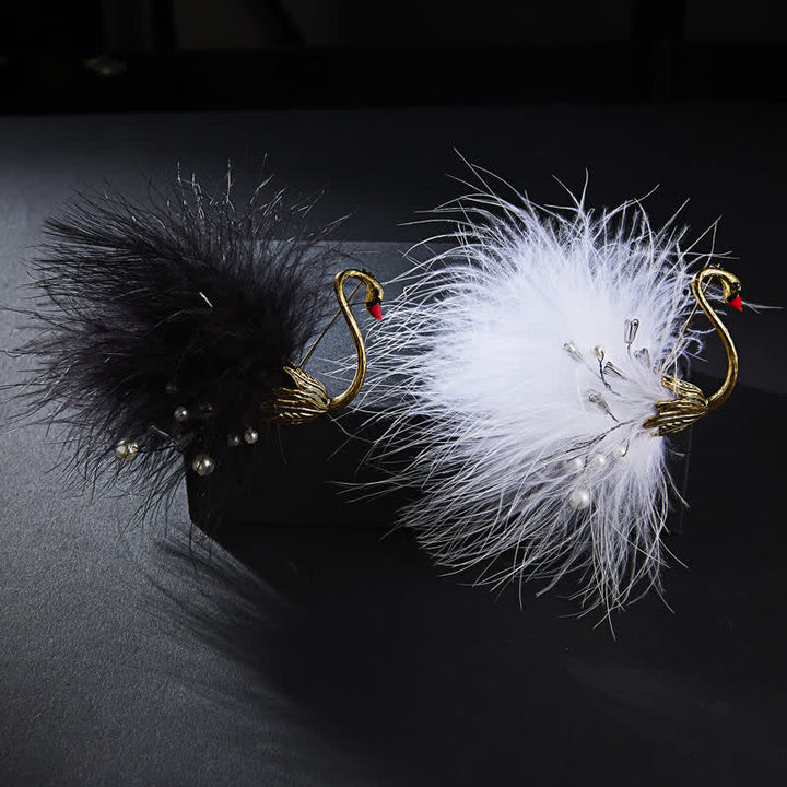 Women's Black / White Swan Plush Feather Brooch