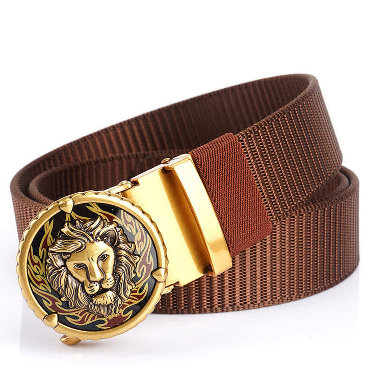 Men's Practical Lion Head Pattern Nylon Belt - Brown / Gold - 48" - image 12