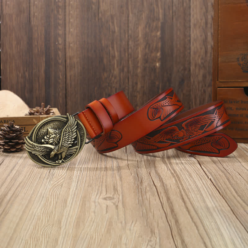 Men's Novelty Flying Eagle Buckle Carved Pattern Leather Belt