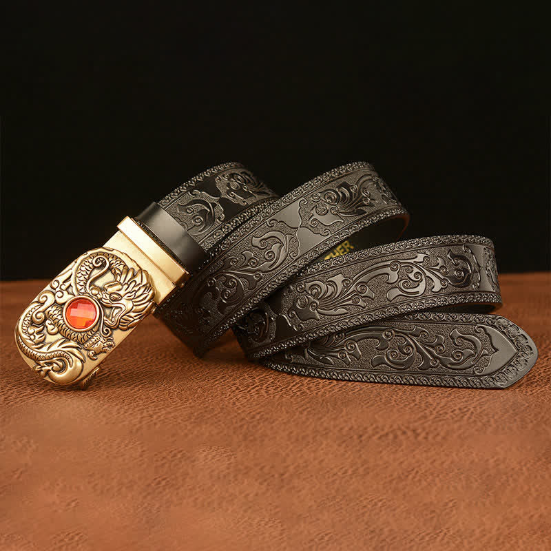 Men's Engraved Dragon Gemstone Leather Belt