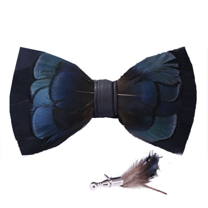 MidnightBlue Mysterious Feather Bow Tie with Lapel Pin