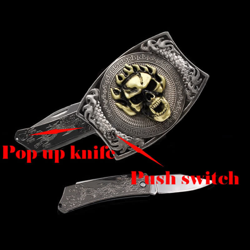 Men's DIY Flame Skull Hidden Folding Knife Leather Belt - image 2