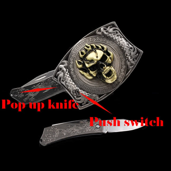 Men's DIY Flame Skull Hidden Folding Knife Leather Belt - image 2