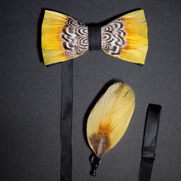 Yellow Tiger Print Feather Bow Tie with Lapel Pin