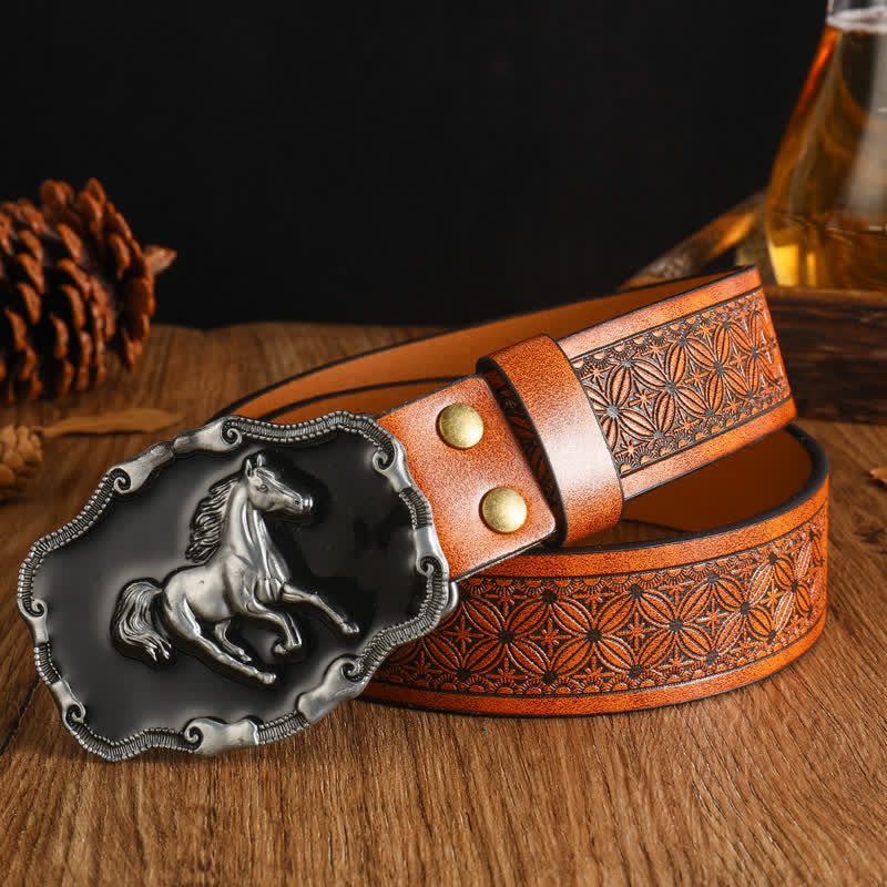 Men's Black Silver Running Horse Leather Belt - Style #4 - 42 - image 7