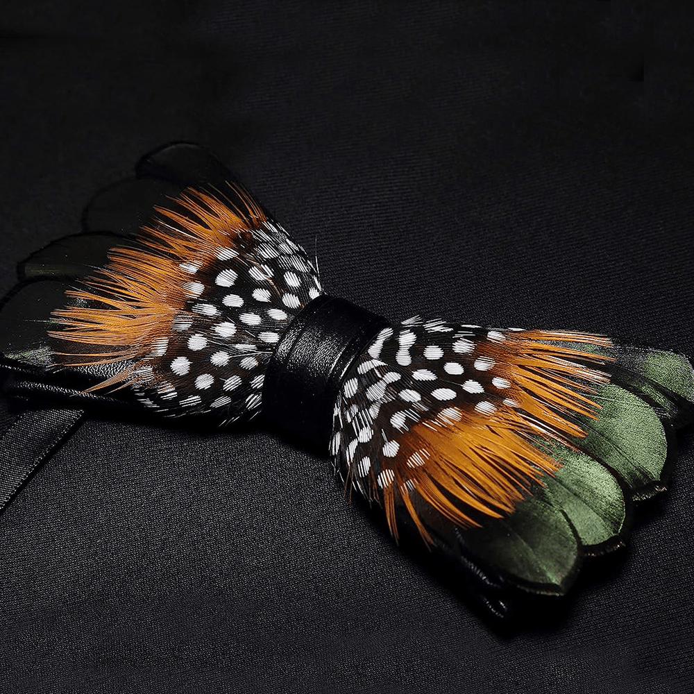 ForestGreen & Orange Vintage Feather Bow Tie with Lapel Pin - image 1