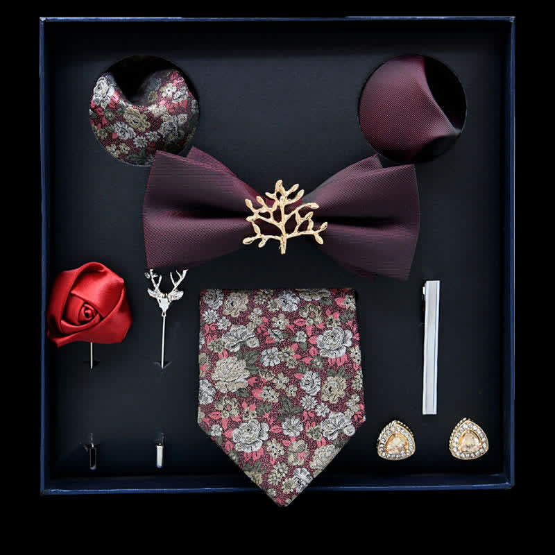 8Pcs Burgundy&Gold Floral Casual Necktie Bow Ties Gift Box - Burgundy&Gold - image 0