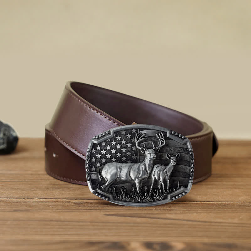 Men's DIY Deer Hunter American Flag Buckle Leather Belt