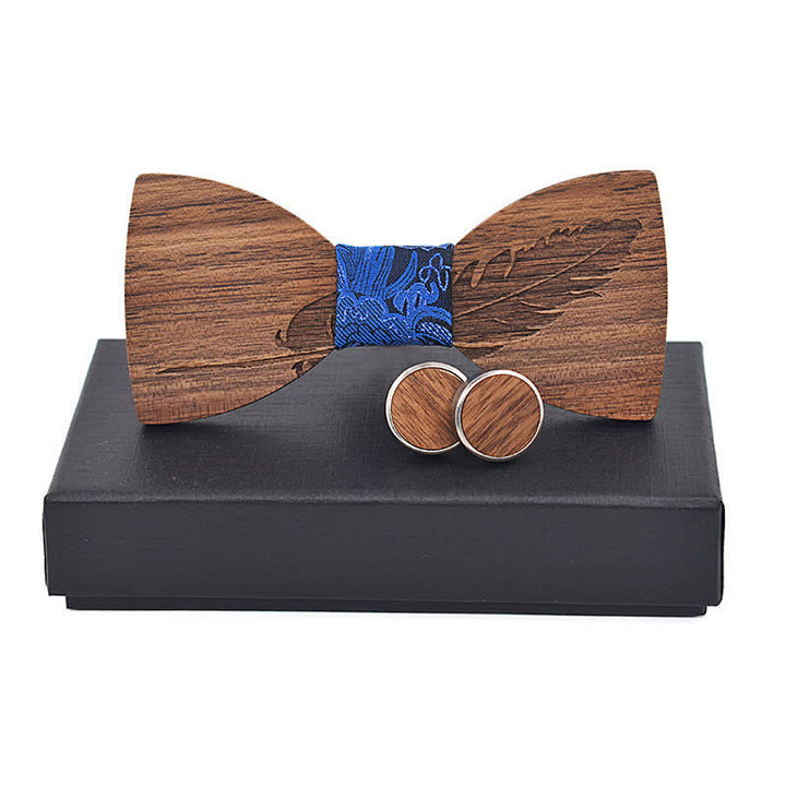 2Pcs Men's Feather Engraving Wooden Bow Tie Set