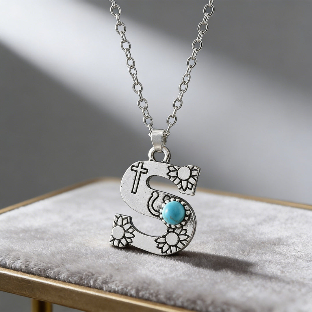 Vintage Initial Letter Turquoise Charm Necklace - S - image 21
