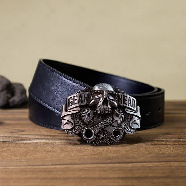 Men's DIY Gear Head Piston Skull Buckle Leather Belt