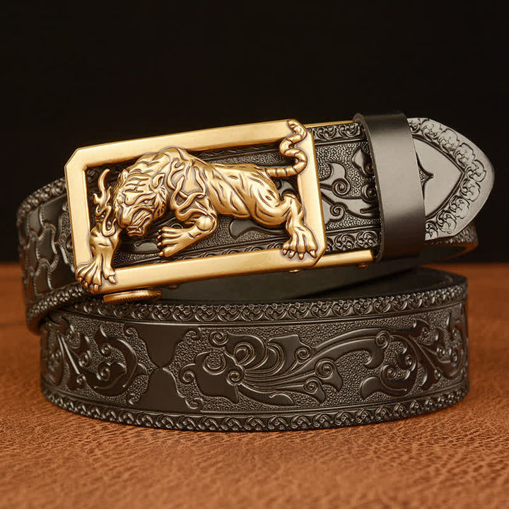 Men's Tiger Buckle Floral Embossed Leather Belt