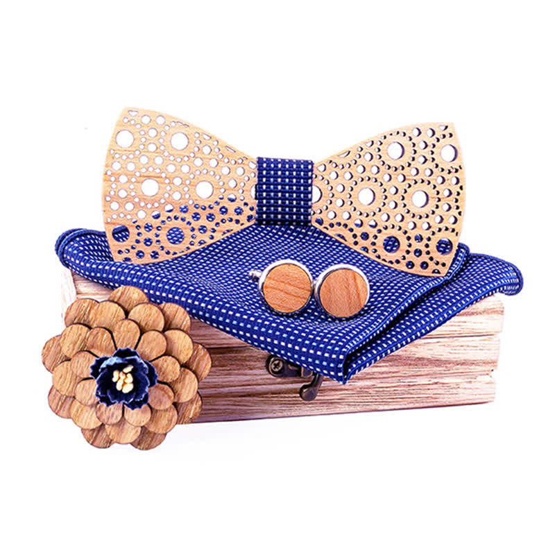 4Pcs Men's Round Hollow Wooden Bow Tie Set