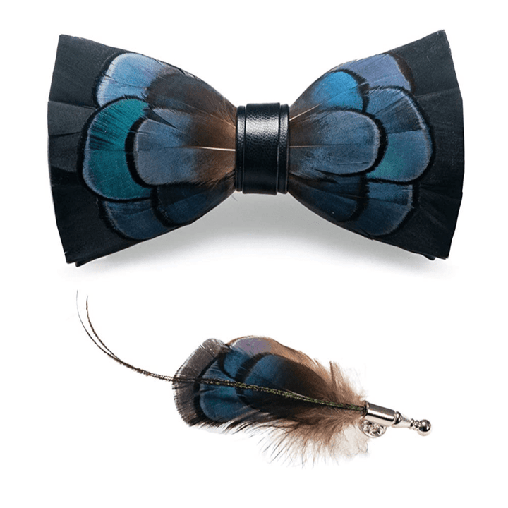 Black & Green Exquisite Feather Bow Tie with Lapel Pin