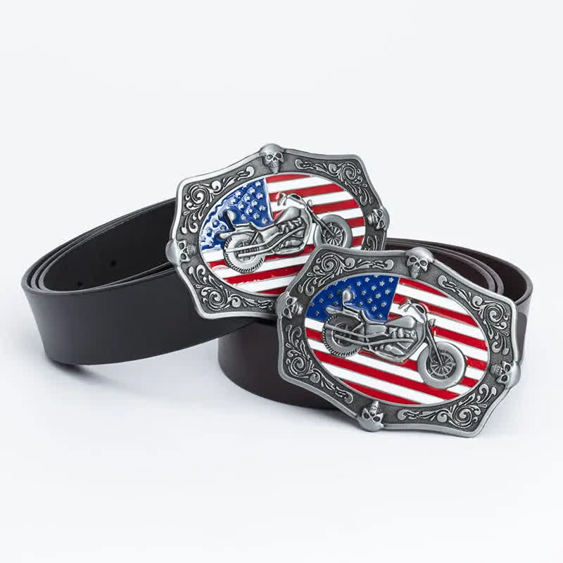 Men's Motorcycle American Flag Skull Leather Belt