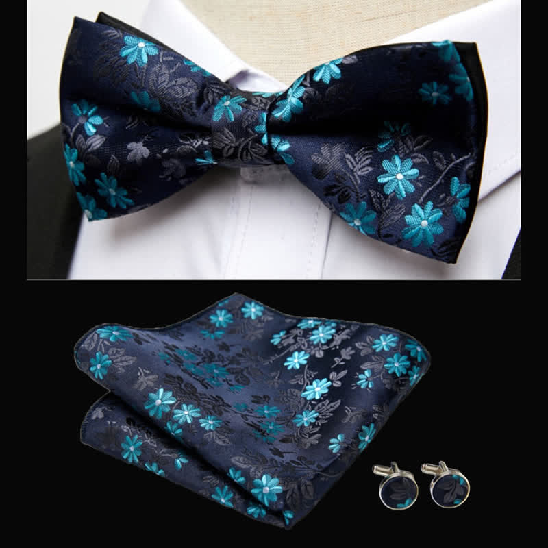 3Pcs Men's Teal & Black Floral Bow Tie Pocket Square Set  - Teal & Black - image 0