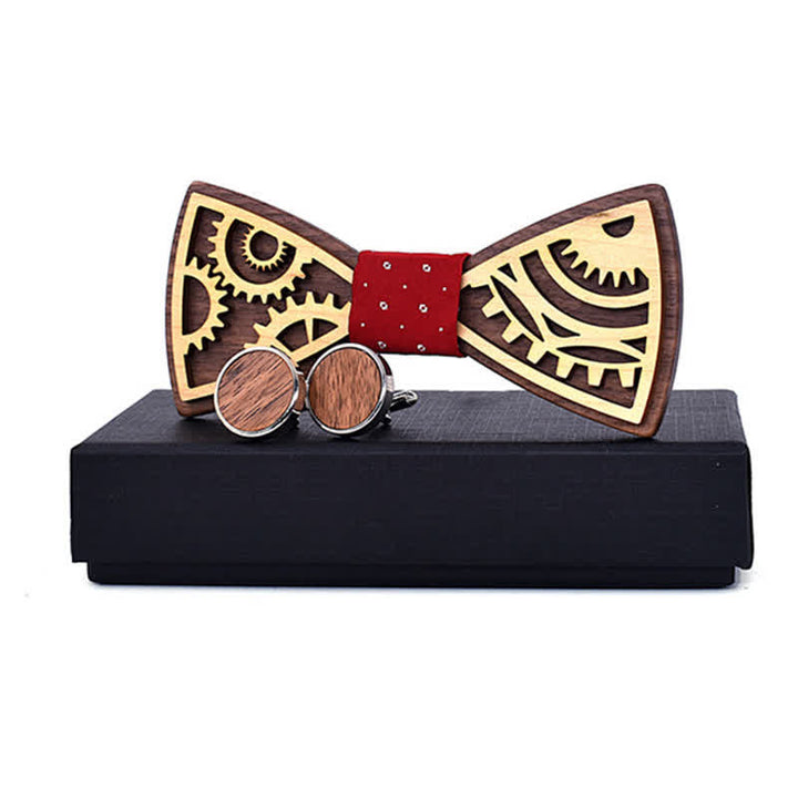 2Pcs Men's Gears Wooden Bow Tie Cufflinks Set