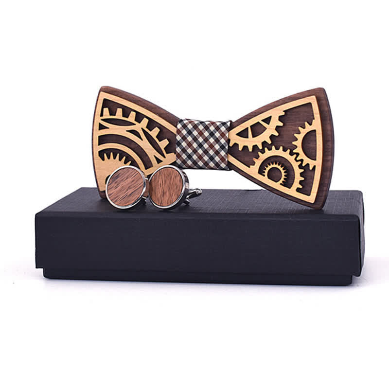 2Pcs Men's Gears Wooden Bow Tie Cufflinks Set