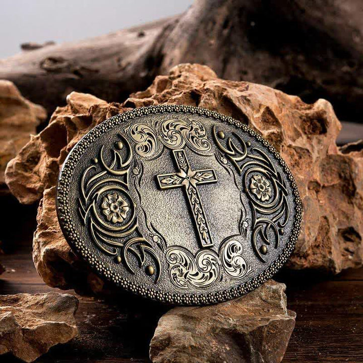 Men's DIY Carved Cross Flower Buckle Leather Belt